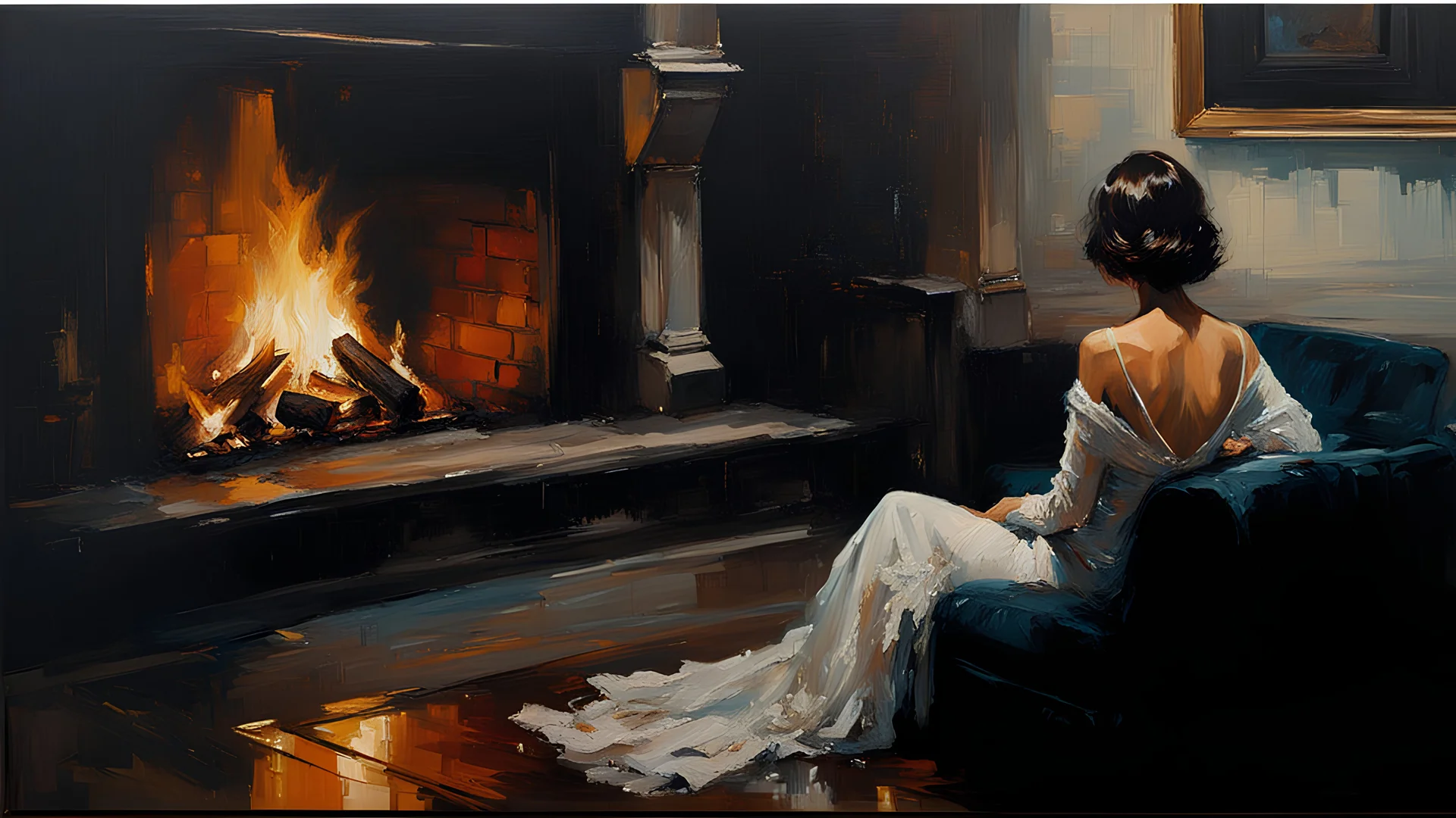 brunette woman with bob hair sitting by a fireplace while looking at a photograph :: by Robert McGinnis + Jeremy Mann + Carne Griffiths + Leonid Afremov, black canvas, clear outlining, detailed