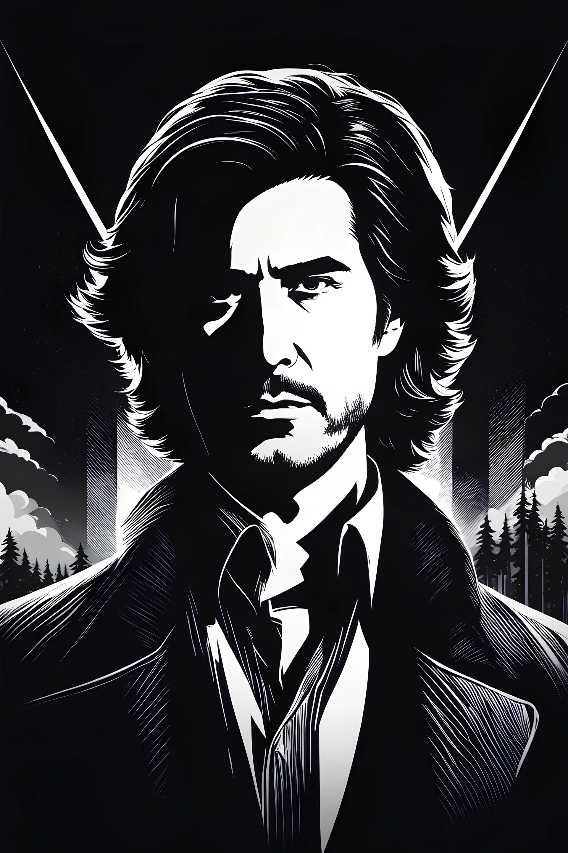 Alan Wake from Alan Wake 2, Screen print, pop art, splash screen art, dark colors, digital art, 8k resolution trending on Artstation, midnight ratio, symmetrical, rule of thirds, geometric bauhaus, Artgerm, Pixar, Norman Rockwell, WLOP, intricately detailed concept