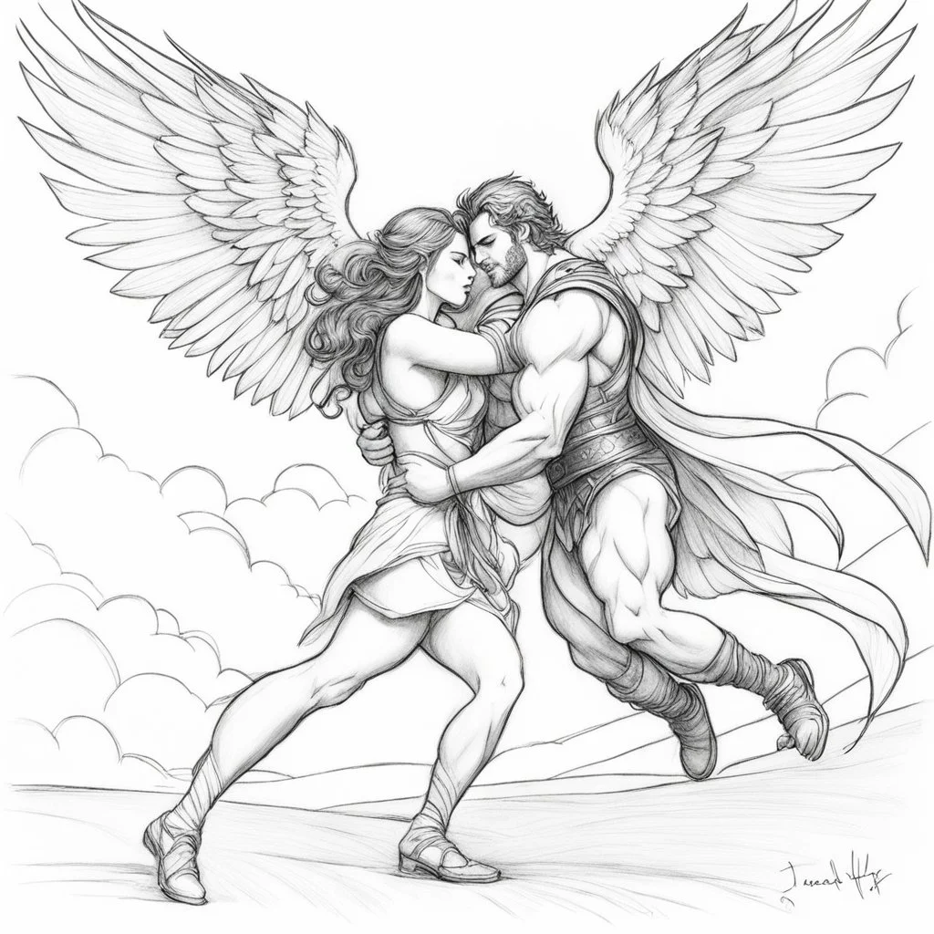 pencil sketch:: single line:: fantasy art, Jacob wrestling with angel.