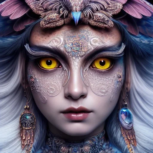 Insanely detailed photograph of an elaborate beautiful owl goddess intricate glowing skin eyes intricate face hair lashes fur dress hyperdetailed painting by Anna Dittmann Huang Guangjian and Dan Witz CGSociety ZBrush Central fantasy art album cover art 4K 64 megapixels 8K resolution HDR Greek shiny space colours jewelry celestial hair eyes light"