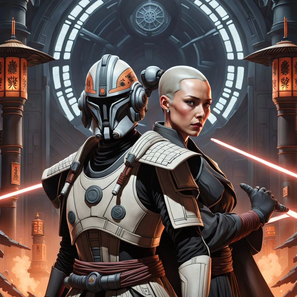 a bold and heroic bald male Corellian pilot in black and grey First Order special forces gear meets a female Jedi Master in ancient, mystical temple, hyperdetailed, dynamic lighting, hyperdetailed background, 8k resolution, volumetric lighting, light skin, fully symmetric details