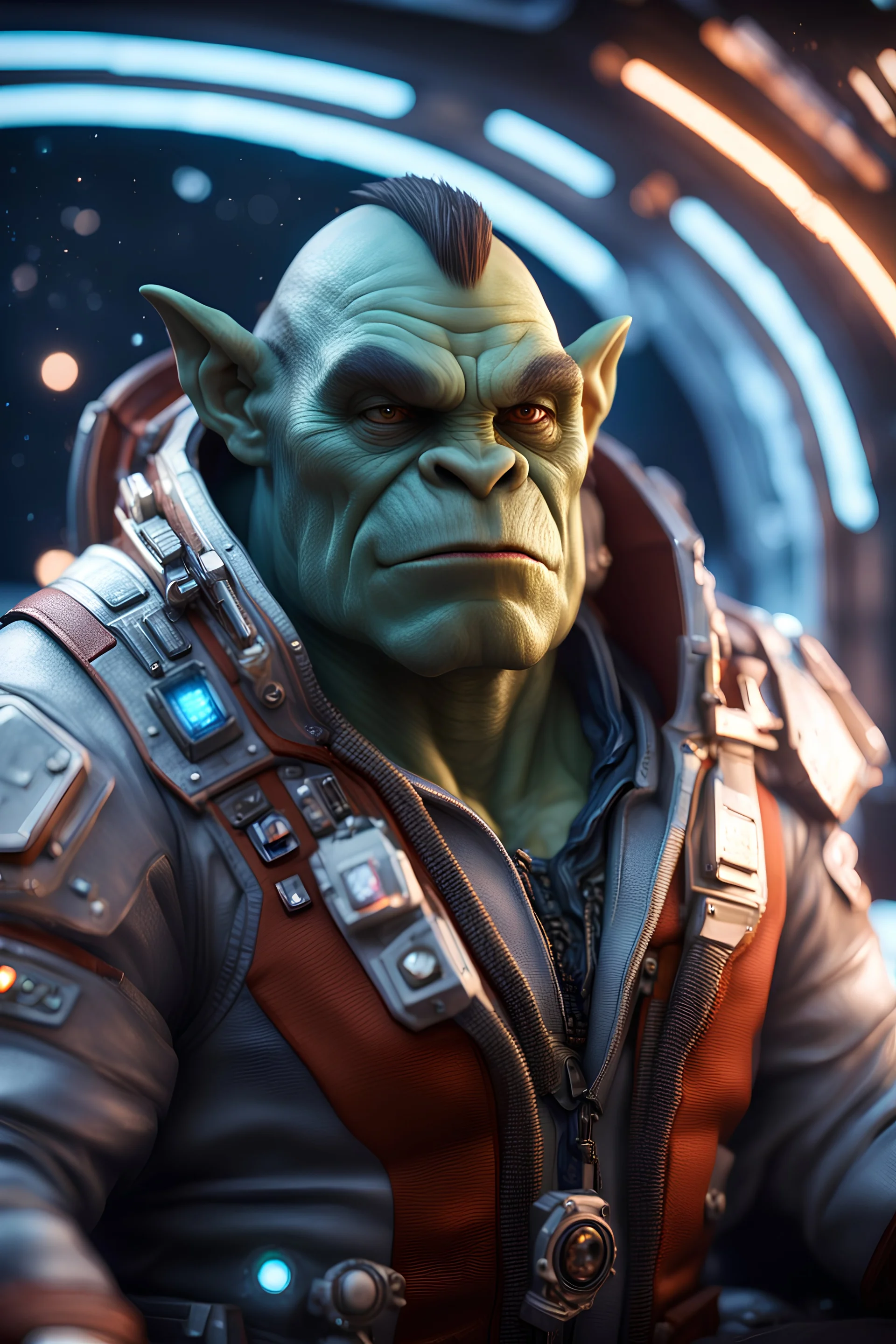 pen outline, really macho pimp orc seal captain that go hard sitting in space station cockpit , in front of space portal dimensional glittering device, bokeh like f/0.8, tilt-shift lens 8k, high detail, smooth render, down-light, unreal engine, prize winning