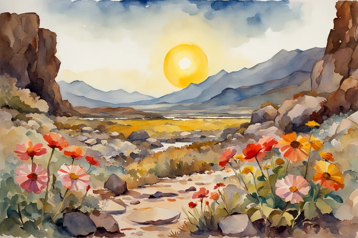 Sunny day, flowers, mountains, rocky land, fantasy, sci-fi, winslow homer watercolor paintings