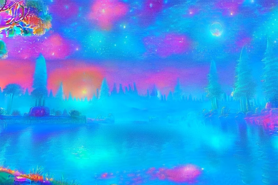 blue and gold crystal cosmic and galactic ambiance sky trees river lake, full of details, smooth, bright sunshine，soft light atmosphere, light effect，vaporwave colorful, concept art, smooth, extremely sharp detail, finely tuned detail, ultra high definition, 8 k, unreal engine 5, ultra sharp focus