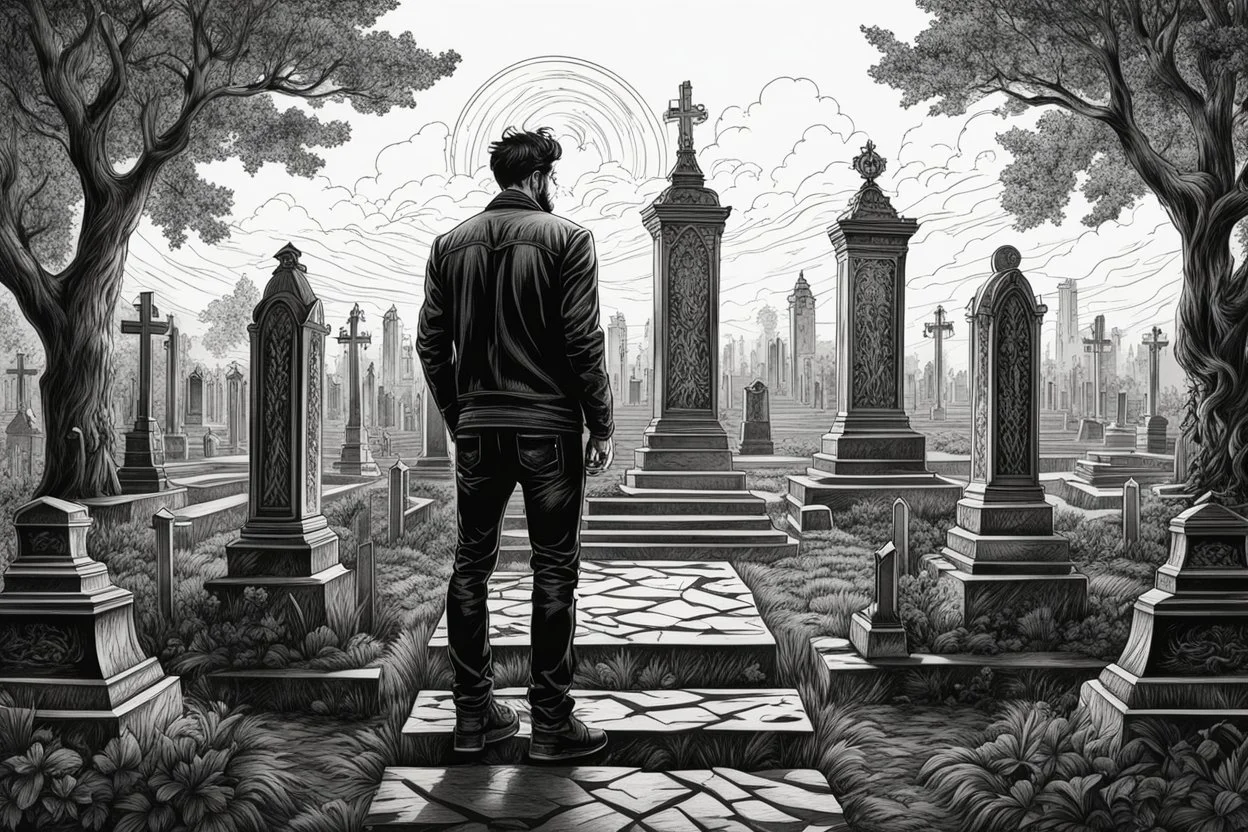 Man standing a front of grave of Cemetery in 8k tattoo drawing style, intricate details, highly detailed, high details, detailed portrait, masterpiece,ultra detailed, ultra quality