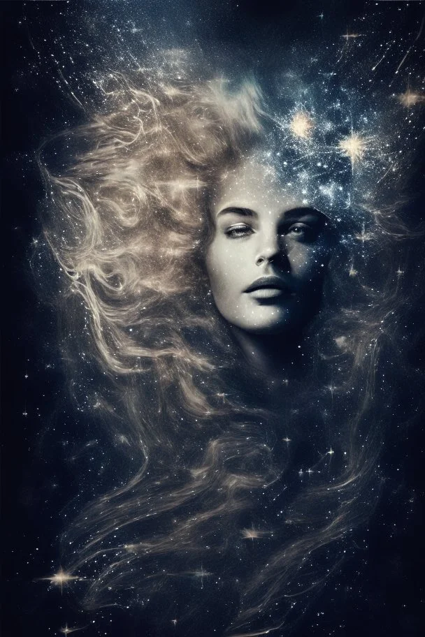 Kobieta Piekna polaczony z kosmosem I muzyka portrait of a powerful, celestial figure, with flowing, star-studded hair and eyes. Double exposure technique