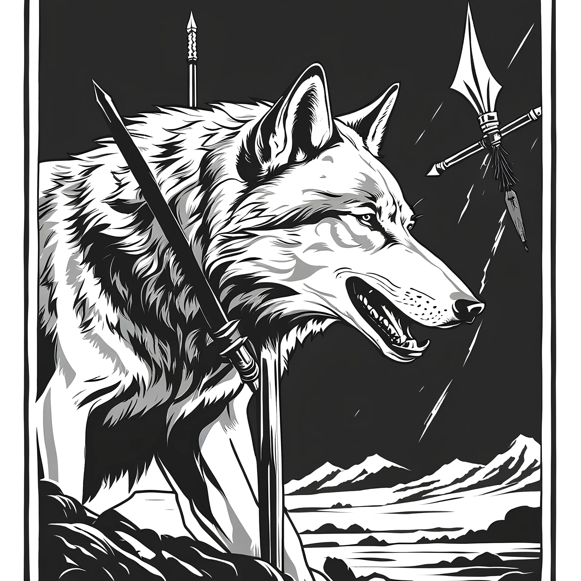 Propaganda poster black and white killing wolf with spear