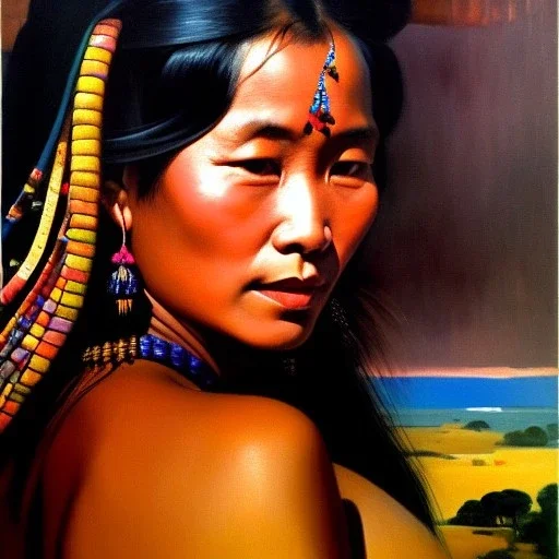 Drawing of 'woman from Saan tribe',sweet stare,painting by Earl Norem, simon Bisley,frazetta,西嘛哒, evan lee, Vallejo,kelly,Paul Gauguin oil on canvas, cinematic composition, extreme detail,fit full head inside picture,8k