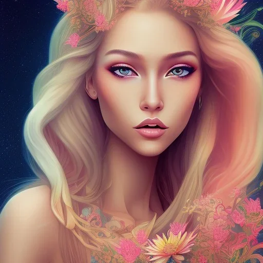 très belle femme aux cheveux blond très long entourée de fleurs de lotus lumineuses et d'un ciel rosé