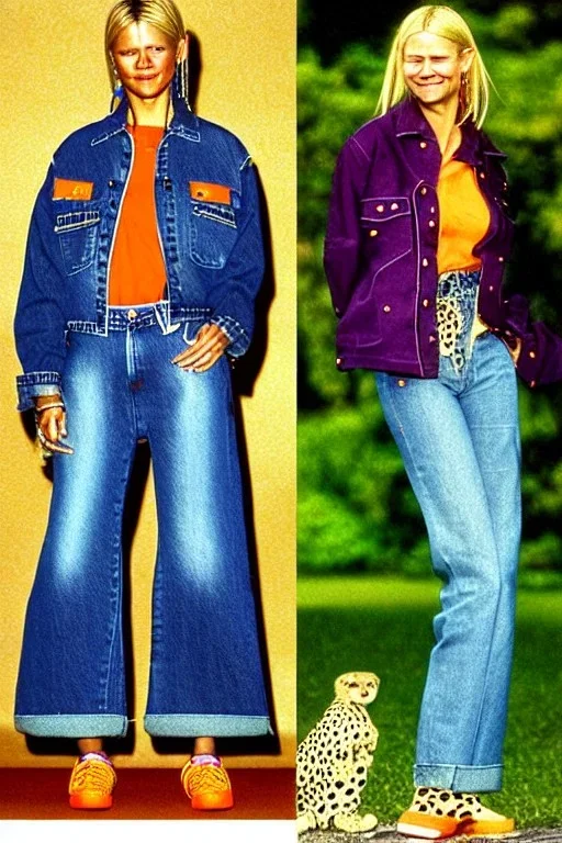 year 1996 denim fashion. Loose fit, low waist, baggy. Colors: denim blue, blue, purple, khaki, light green, lilac, plum, orange, terracotta, red, pink, dark blue, beige. Women models. Patterns: cheetah, balls, stripes.Jennifer Lopez, Gwyneth Paltrow, . Big tennis shoes on. Cargo pants. leg warmer