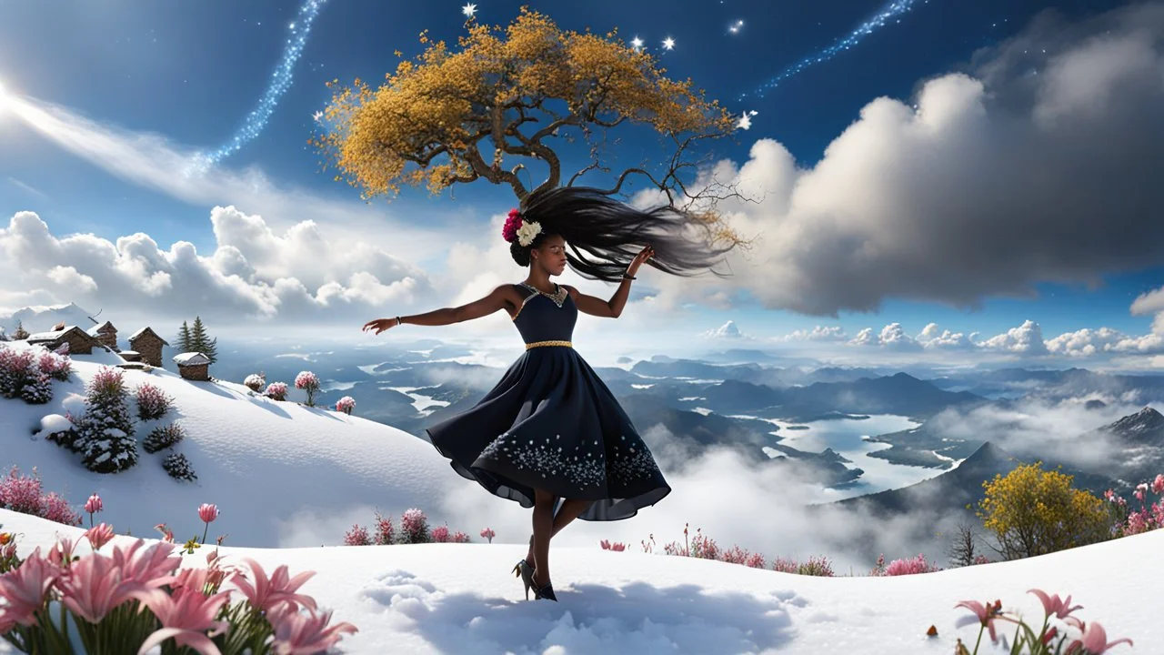 The camera zooms in, focusing sharply on very beautiful black godus girl with make up Lily wearing pretty dress as she dances gracefully in the same romantic environment with flowers and sky with nice clouds. Her joy and youth are presented against the backdrop of the surreal surroundings.a snow covered tree sitting on top of a snow covered slope, detailed swirling water tornado, national geographic footage, inspired by Sim Sa-jeong, by Huang Tingjian, still from a 2015 pixar movie, infrared ca