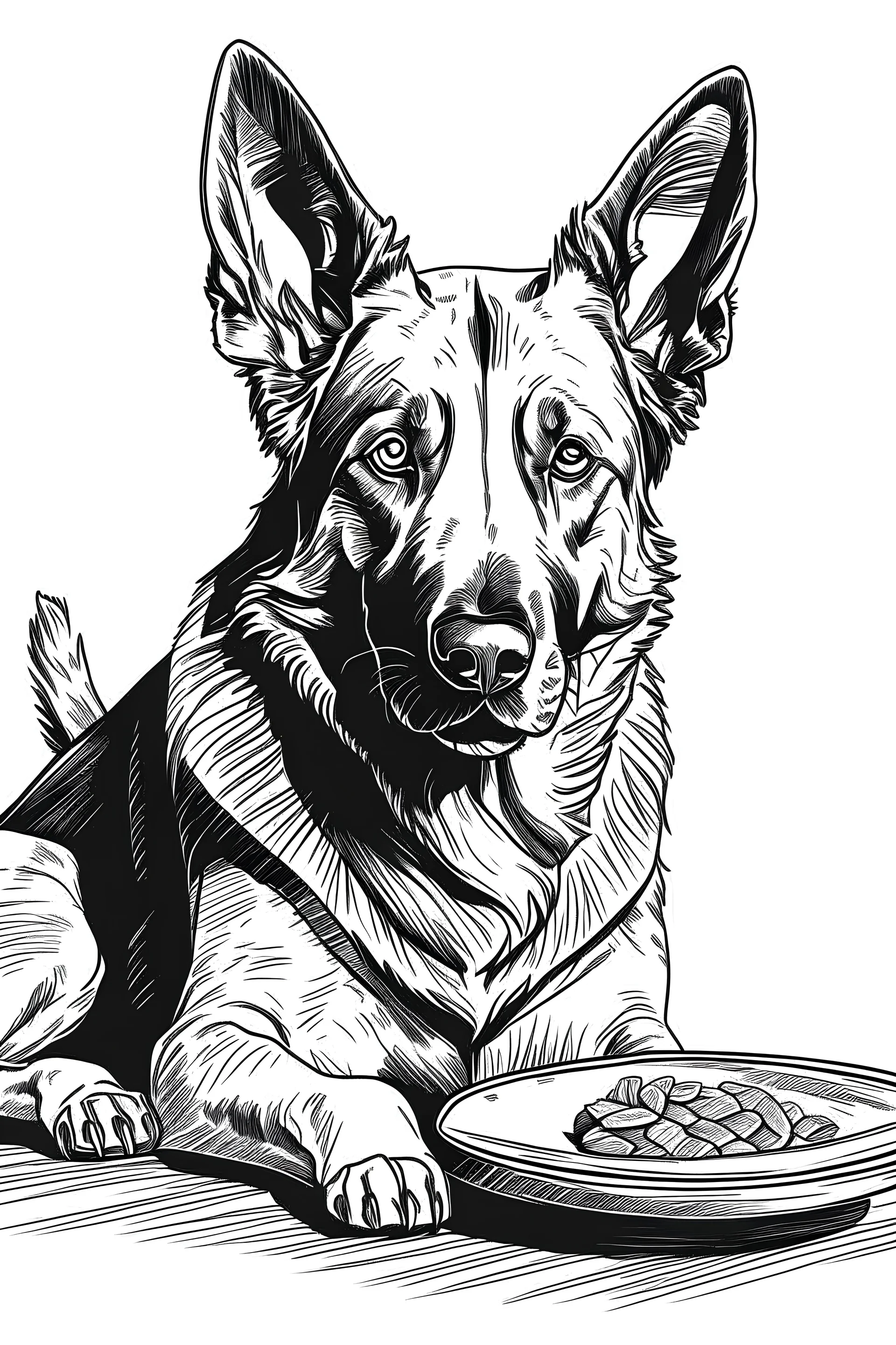 A line art of a dog (german shephard), the dog is eatig his meal.