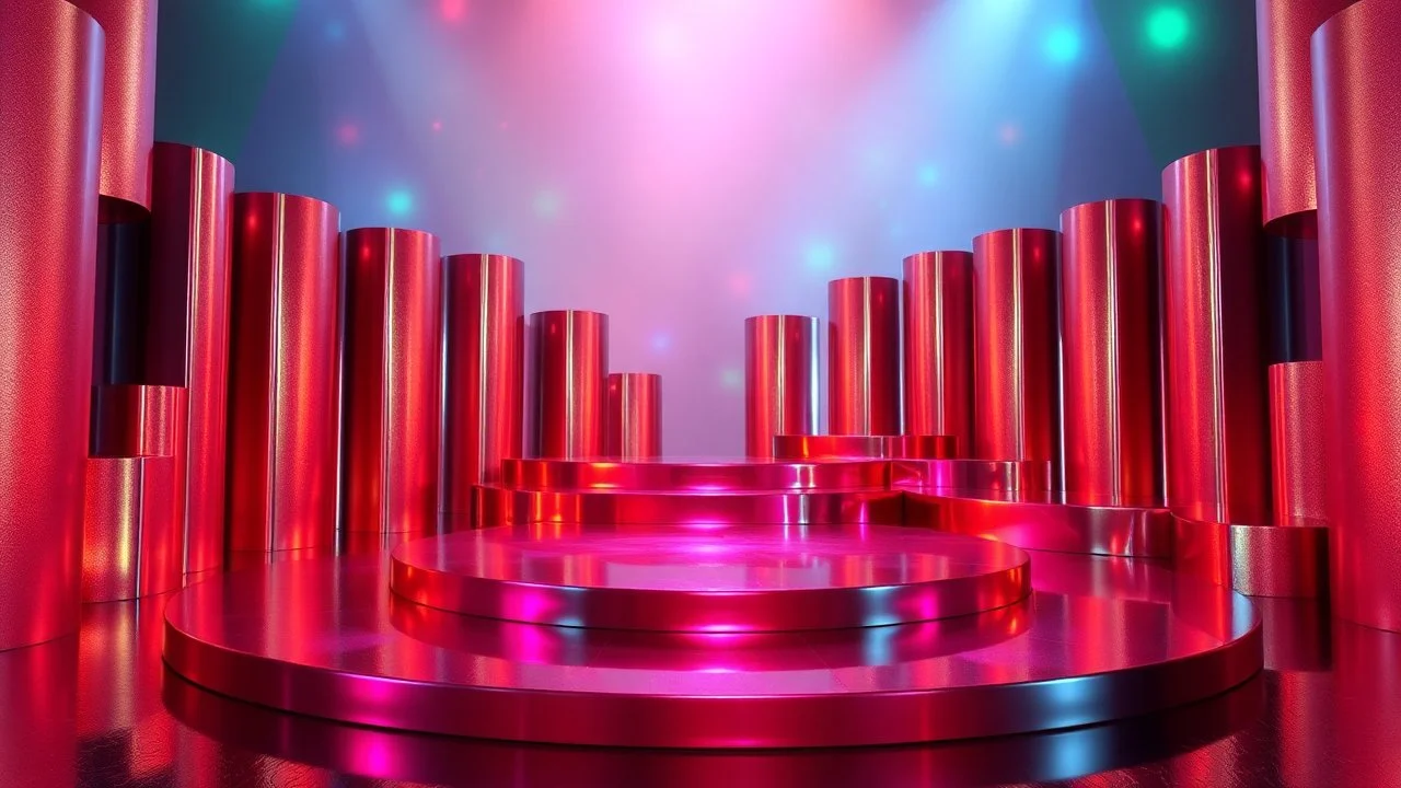 a 3D recursive stage structure made of metallic colors, pretty artistic background, dynamic lights
