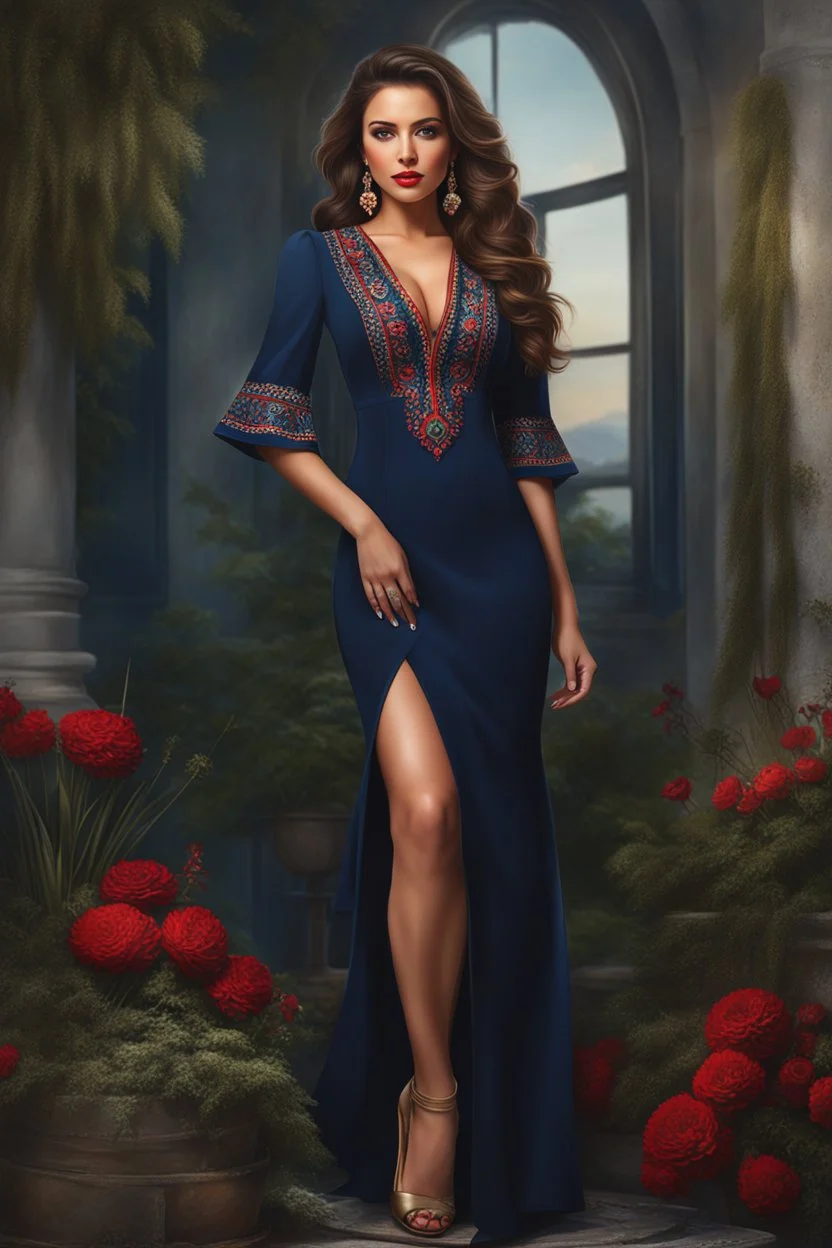 Full body view, ultra realistic illustration, beautiful ukrainian female, Sybil, age 25, long brunette wavy hair, brown detailed eyes, light makeup, red lipstick, wearing navy blue dress with sleeves, ultra realistic illustration, highly detailed accessories, digital painting, art station, concept art, sharp soft focus, illustration, 8k, 8 life size, big bossom, tight waist, nice hip, professional ominous concept art, by artgerm and greg rutkowski, an intricate, elegant, highly detailed digital