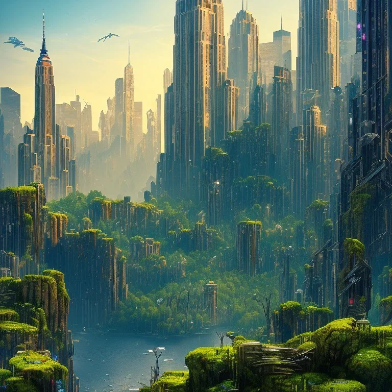 New York city turned into a dschungle, 8k, extremly detailled, nature, forest, broken city, stones, gras, cyberpunk, night, shining, black panther