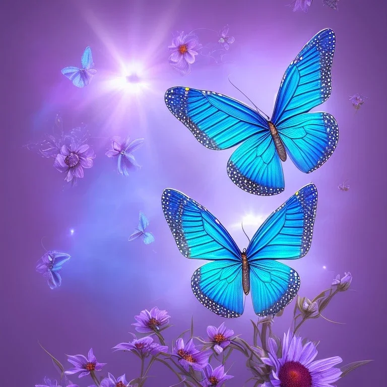 blue butterfly, sun, light, galactic, subtle flowers