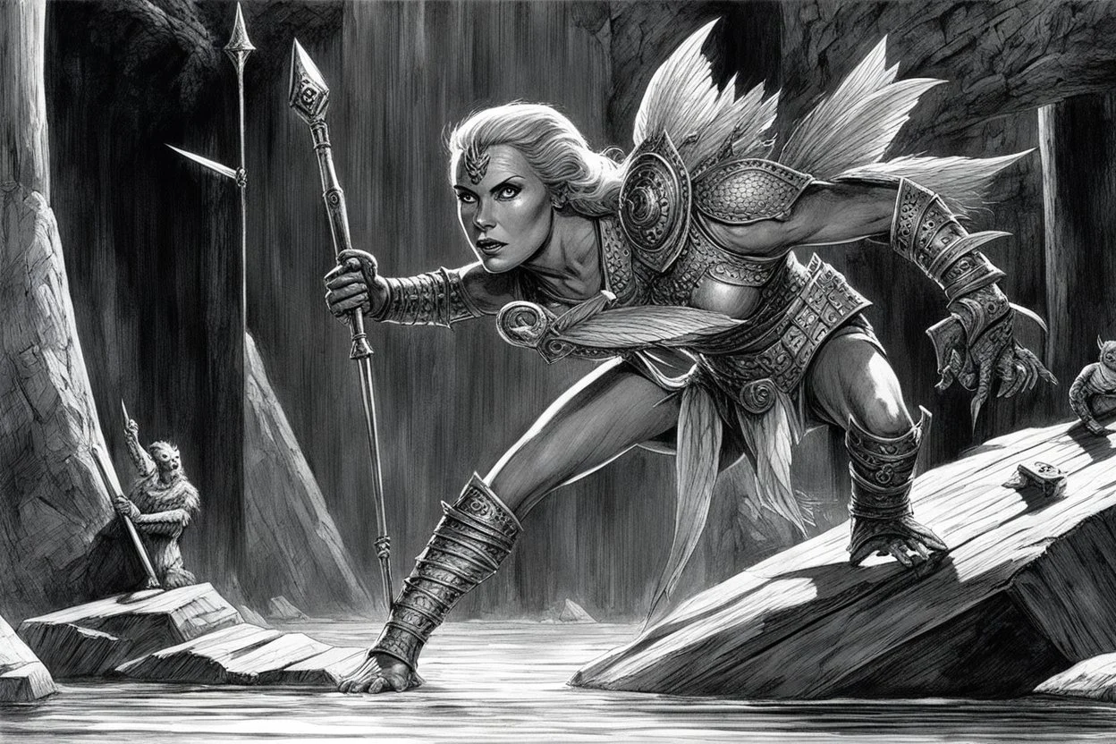 [art by Ray Harryhausen] Echo will do it… she is able to do it… Echo: her name says all, she is a natural sonar, you can feel it. Echo stands rigid, her staff planted firm against the planks. Her breathing slows, deliberate, her eyes half-lidded as she focuses inward. The world around her blurs until all that remains is the ebb and flow of unseen life beneath the water—the slow, measured breathing of something vast, something coiled in wait. She opens her mouth, speaking in a hushed, resonant so