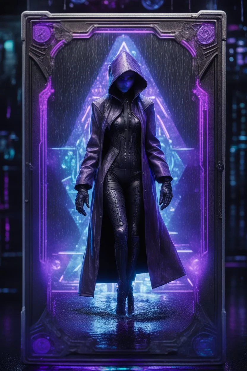 paradise sacred geometry framed playing card, black, blue and purple neon cyber punk dancer thief in soaked rain coat shadows boss card in the style of Giger and fallout 4 ,,bokeh like f/0.8, tilt-shift lens 8k, high detail, smooth render, down-light, unreal engine