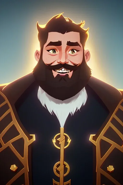 Bearded strong man wearing a thick fur-lined merchant's coat, wearing gold rings, divine, halo, happy smiling, portrait, high definition