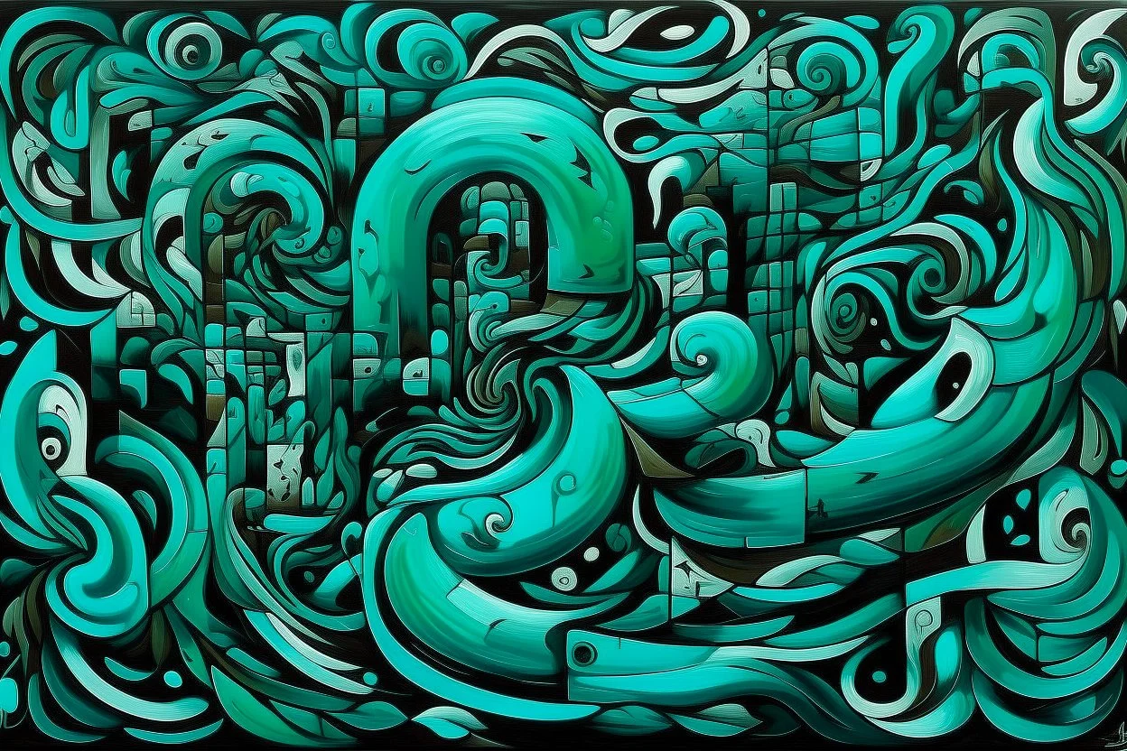 A blackish teal chaotic dimension with swirls painted by MC Escher