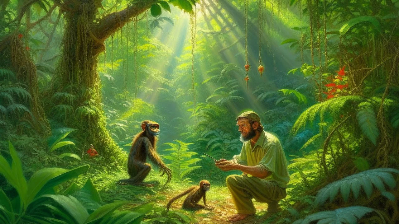 A realistic oil painting depicting a scientist conducting field work in a lush tropical rainforest, surrounded by vibrant flora and fauna. The sunlight filters through the canopy above, casting dappled shadows on the ground. The scientist is carefully collecting samples while a curious monkey looks on from a nearby tree. The colors are rich and the details are intricate, capturing the beauty and biodiversity of the rainforest.