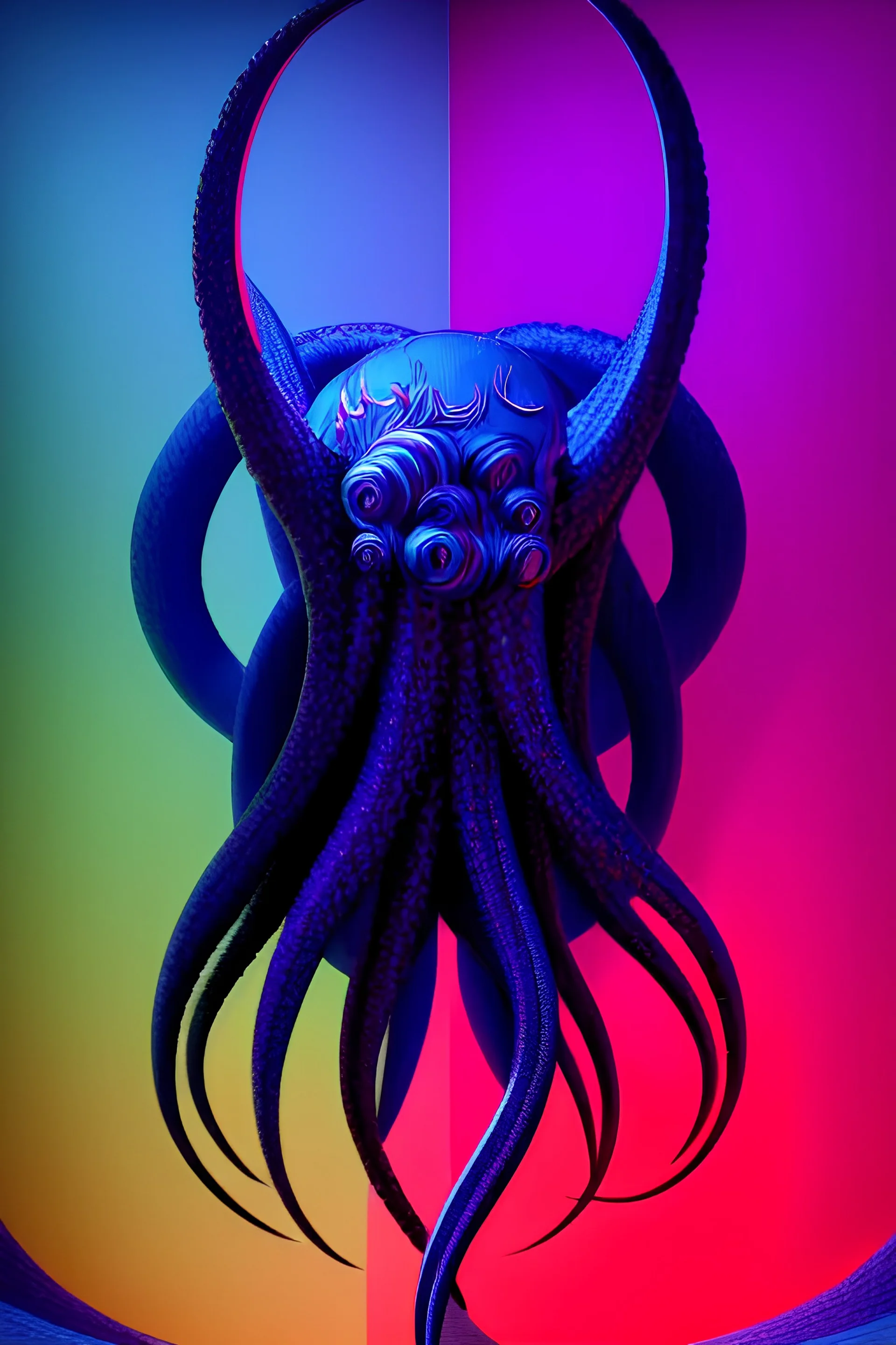 Symétrie!! Vectoriel, Photographie du portrait du Kraken, très coloré, angle parfait, reflets discrets, proportions parfaites, magnifique créature mythique, monstrueux, dangereux, impressionnant, futuriste, 2048,multicouleurs, contours fins néon électrique, très détaillé, très intriqué, très réaliste, arrière plan cyberpunk, hdr, 16k, octane effect, rendering 3d extrême, unreal engine 5, cinema 4d