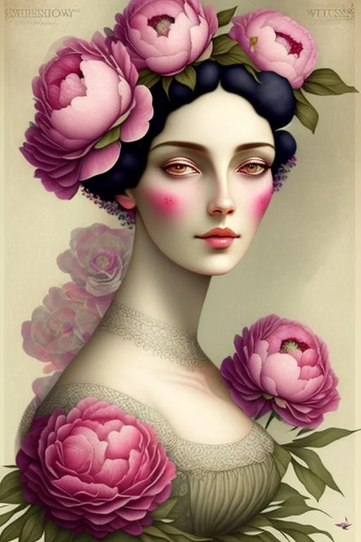 A woman's face with peonies, digital art by artist "Catrin Welz-Stein"