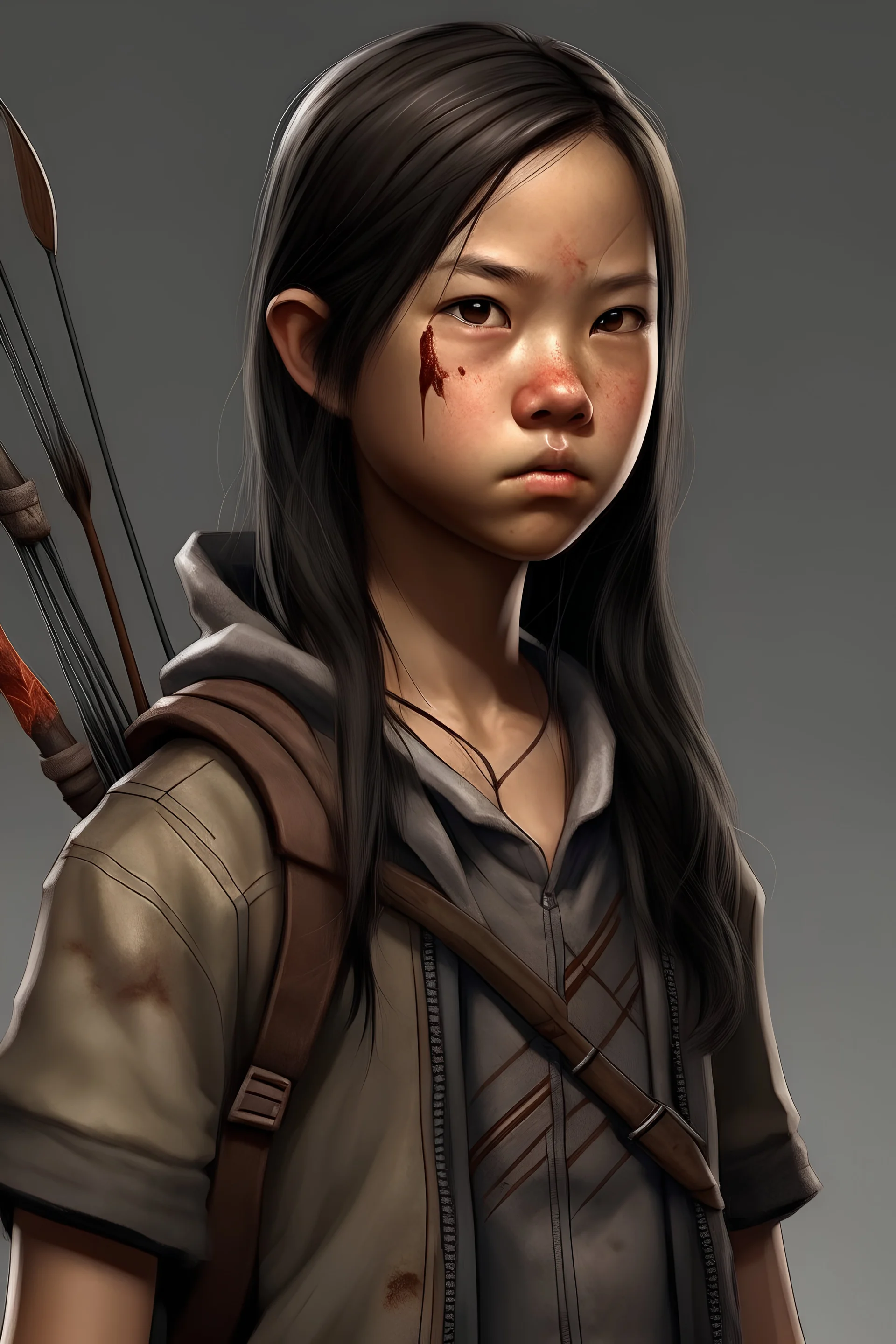 Girl, 12 Years Old, Dark Hair Midlength, Tan Skin, Pre Teenage, Post-Apoclyptic, Dirty, Blood, Short Sleeved Ripped Denim Jacket, Brown Shirt, Bow And Arrow, asian