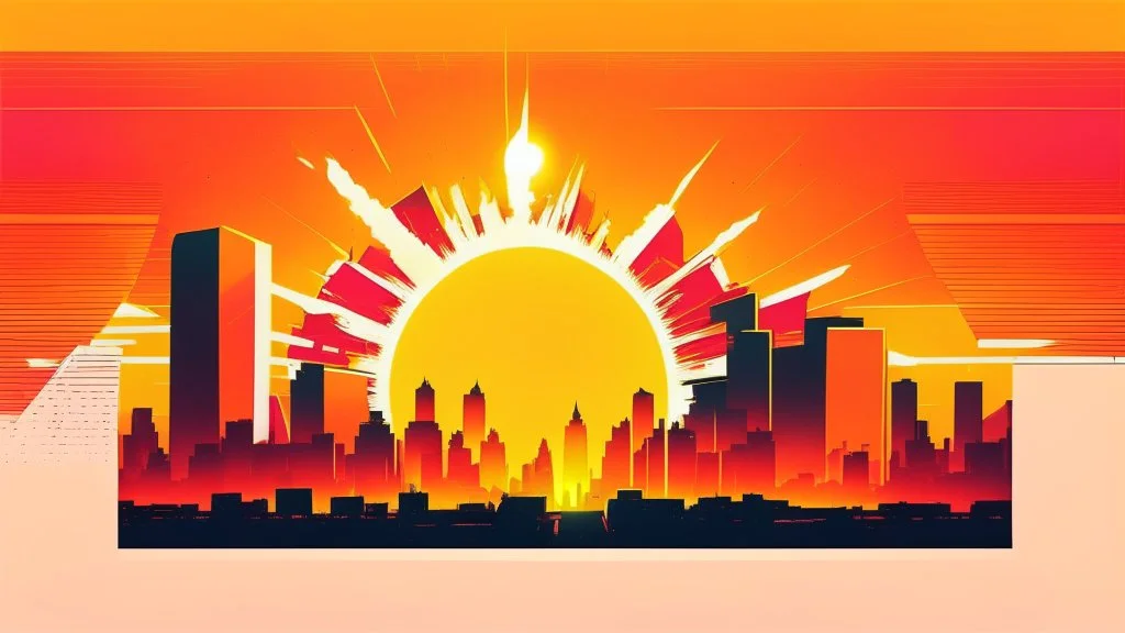 minimal design,shapes, synthwave, synthwave sun, synthwave city, simple,iconic:1.8), Explosion of color in city, comic style