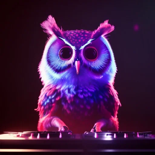 DJ owl, unreal 5, octane render, cinema4d, redshift render, hyper realistic, cenematic, vibrancy, synthwave, retouch, centered, dynamic lighting, dramatic lighting, 4k, highly detailed, attractive beautiful, realistic, epic composition, holographic,