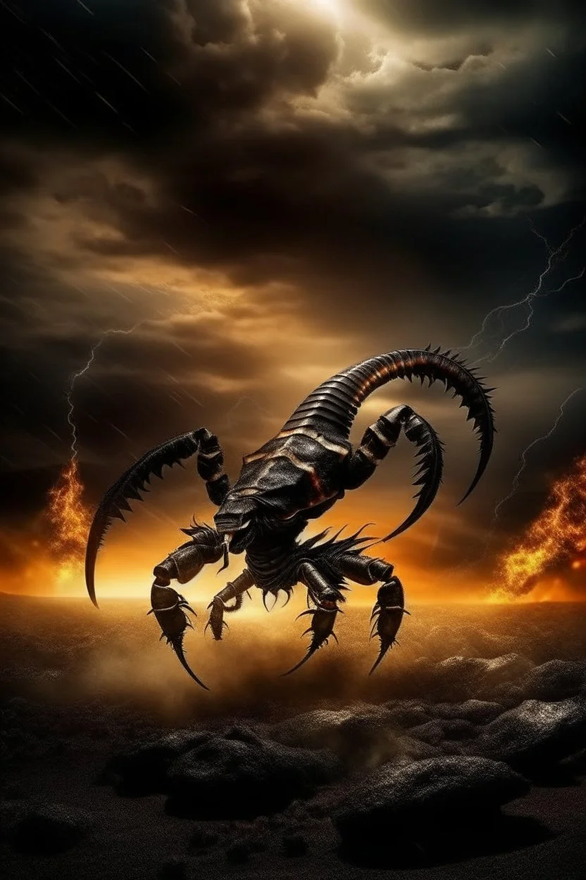 Black Scorpio Scorpion surrounded by fire. Tail curled up behind his back ready to strike under a storming sky with lightening striking around it