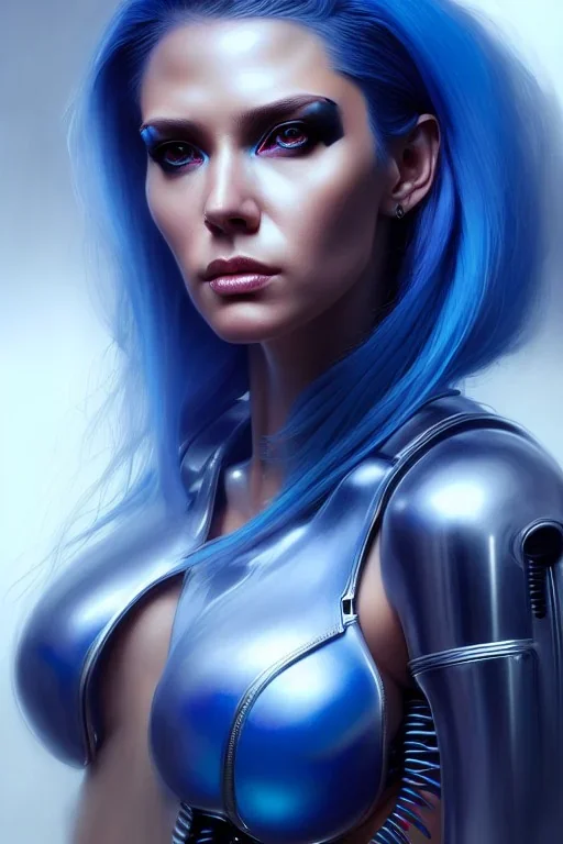 hiper realista, hiper detalhado, retrato de corpo inteiro, no estilo cyberpunk, de uma mulher incrivelmente bonita com implantes biônicos, cabelos azuis, olhos brilhantes, arte de greg rutkowski, artgerm, wlop, rossdraws, boris vallejo