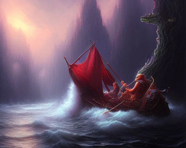 Charon the ferryman in his boat on the river Styx, red black purple colours, 8k, high definition, fantasy art, winding river, sharp jagged rocks, high contrast colours, sharp detail,