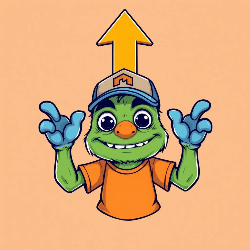 cartoon monster wearing a ballcap and T-shirt holding an directional arrow overhead with both hands, on solid color background