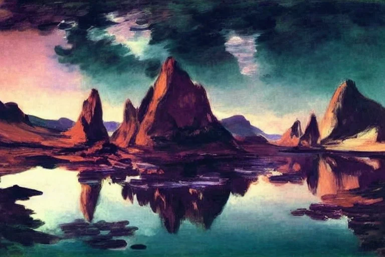 lake, lake reflection, mountains, rocks, sand, desert, space, vegetation, distant mountains, edouard manet and lesser ury painting