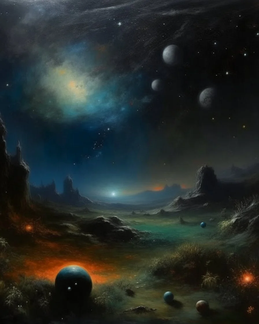 A dark gray galactic nightmare with stars, planets, and asteroids painted by George Inness