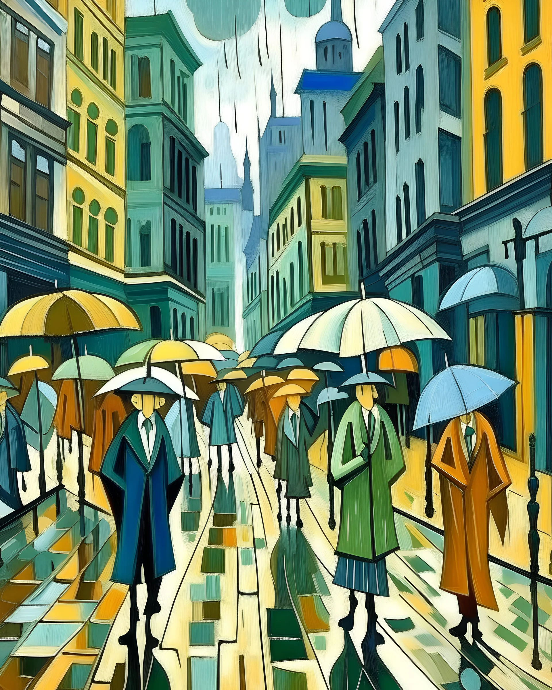 1913 cubism style, wet day in the city