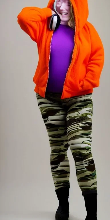 Bright-orange-haired woman.thick thighs,thick calves,flat belly,curvy fell. big head. Mantle is sewed of upcycled Denim and sewed together of camouflage pieces. Pieces' color are orange, cream and purple. It is with big bright purple felt tippet and cream-colored-hood. mantle has a hood. Big AKG-style headphones (gold rings!) is merged with small felt cap with small visor. Style: Haute Couture in 1920's, N.Y.C fashion in 1996, inspired by street art. Cream latex gaiter.