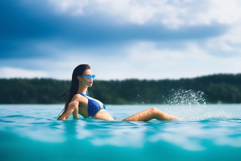 close up shot of very beautiful model girl swimming in water wearing swim suit ,country side ,nice cloudy sky,country houses