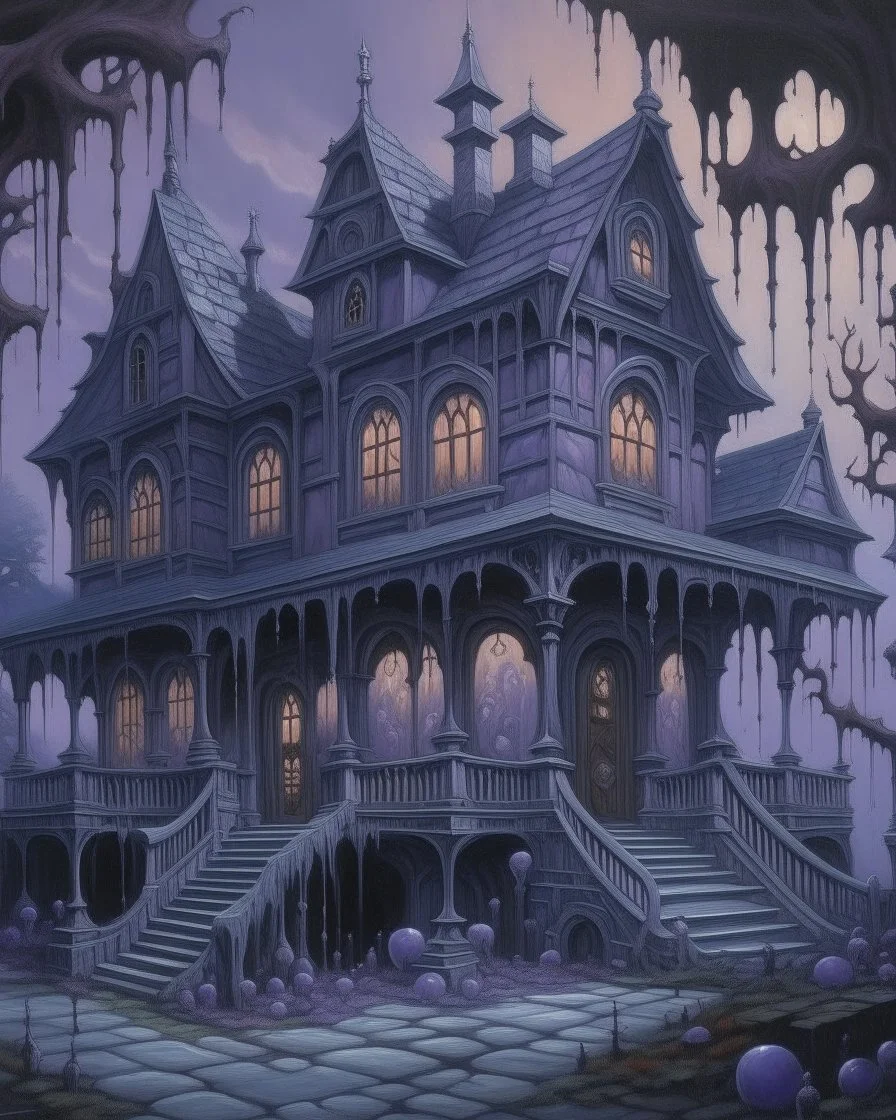 A grayish purple haunted mansion filled with ghasts painted by the Limbourg brothers