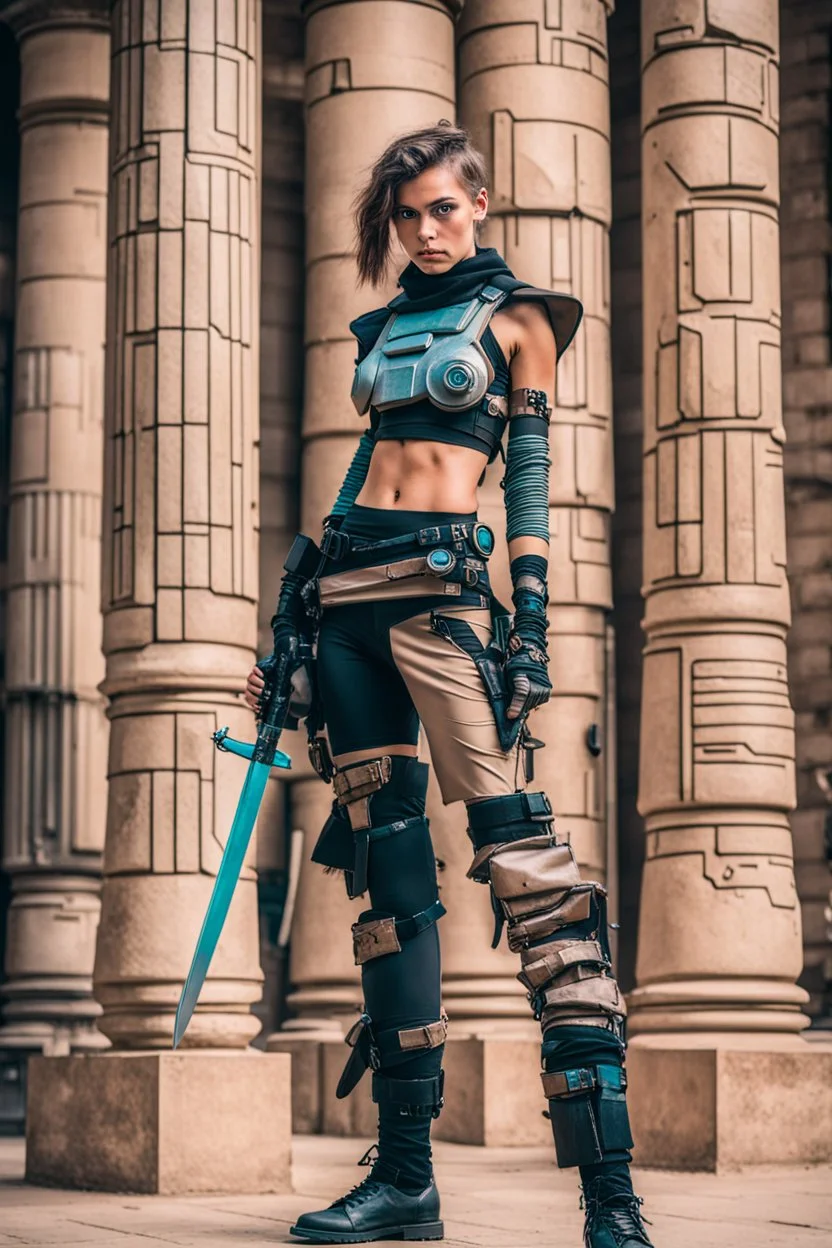 teen woman in retro-futurist cyberpunk costuming with pants leaning to the side with shoulder against a stone pillar of a Egyptian + cyberpunk post apocalyptic building, 2 swords in scabbards at hip