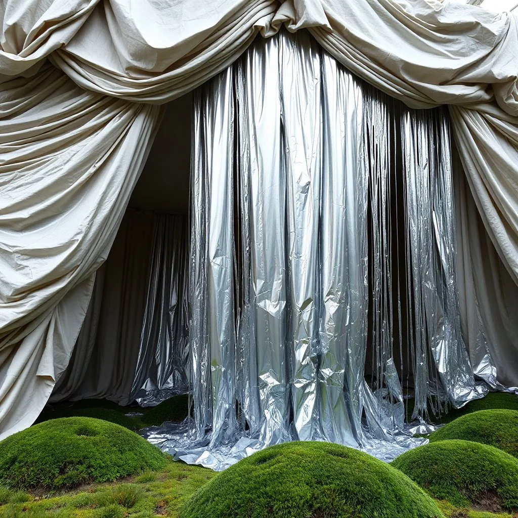 Fotografia di una struttura formata da vari strati di tessuto e materiale simile a plastica argentata. L'effetto è quello di una grande cascata di metallo che scende dall'alto e copre parte della scena. In primo piano c'è un terreno coperto di muschio e piccole colline erbose, che contrastano con la lucentezza del materiale. La scena ha un'atmosfera surreale, quasi teatrale.