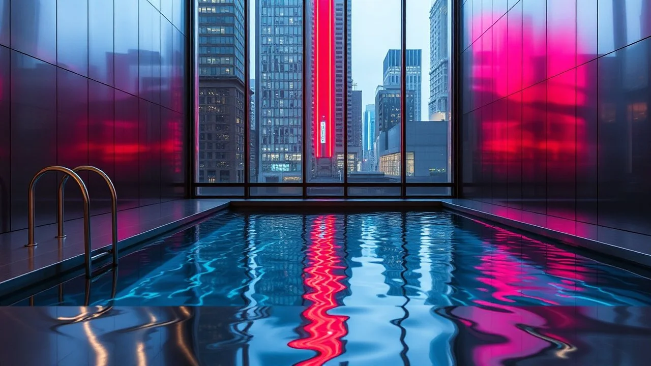 Indoor stainless‑steel pool, urban neon entering through a high window, liquid reflections shifting like coded signals.