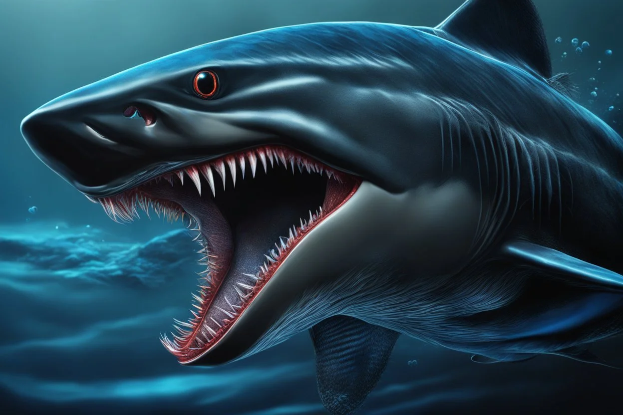 Black shark in 8k venom drawing, symbiote effects, blue lights, sea, intricate details, highly detailed, high details, detailed portrait, masterpiece,ultra detailed, ultra quality