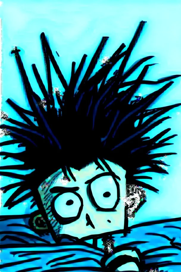 2d drawing of a stickman, laying in bed, cool with punk hair, just woke up, eyes are sleepy, half closed ,3d realistic in colour