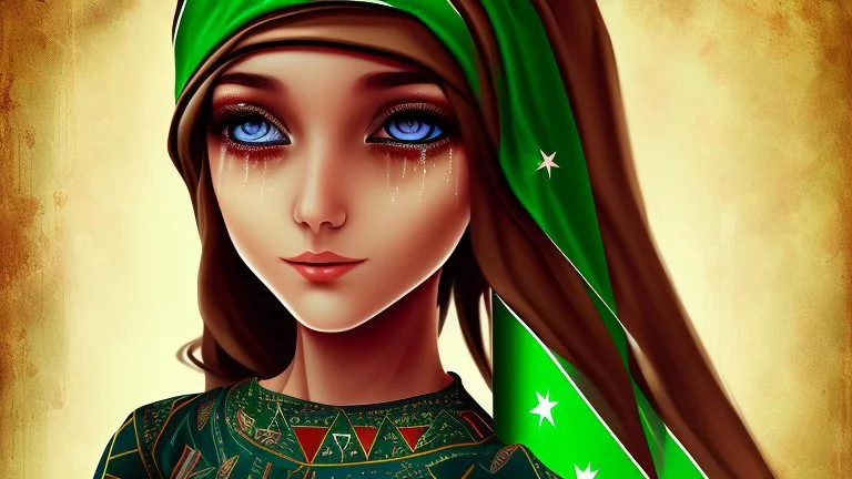 A girl wearing a Palestinian dress with tears in her eyes Her eye color is green Its color is brown Carrying the Palestinian flag