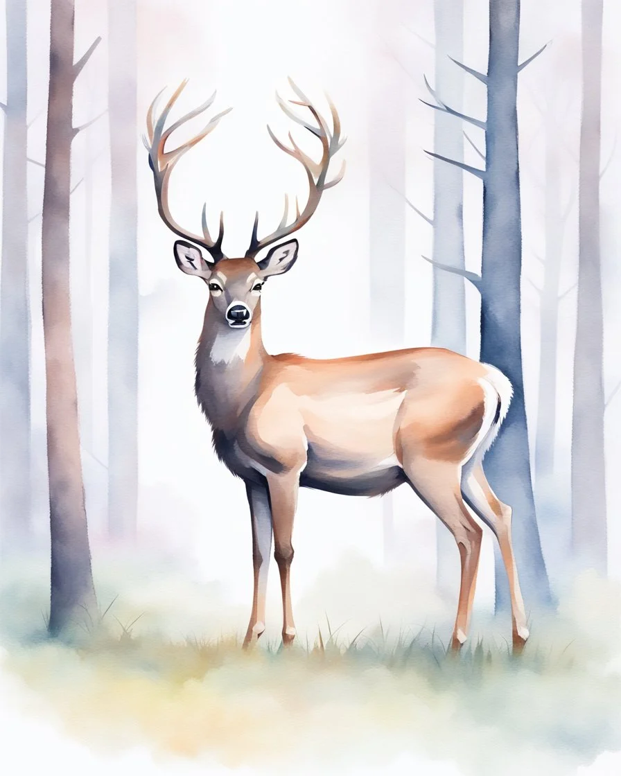 deer with antlers standing sideways, looking at viewer, realistic water color painted, among light colored tall simplified tree trunks, foggy, Easter Spring pastel colors, colorful, dark background