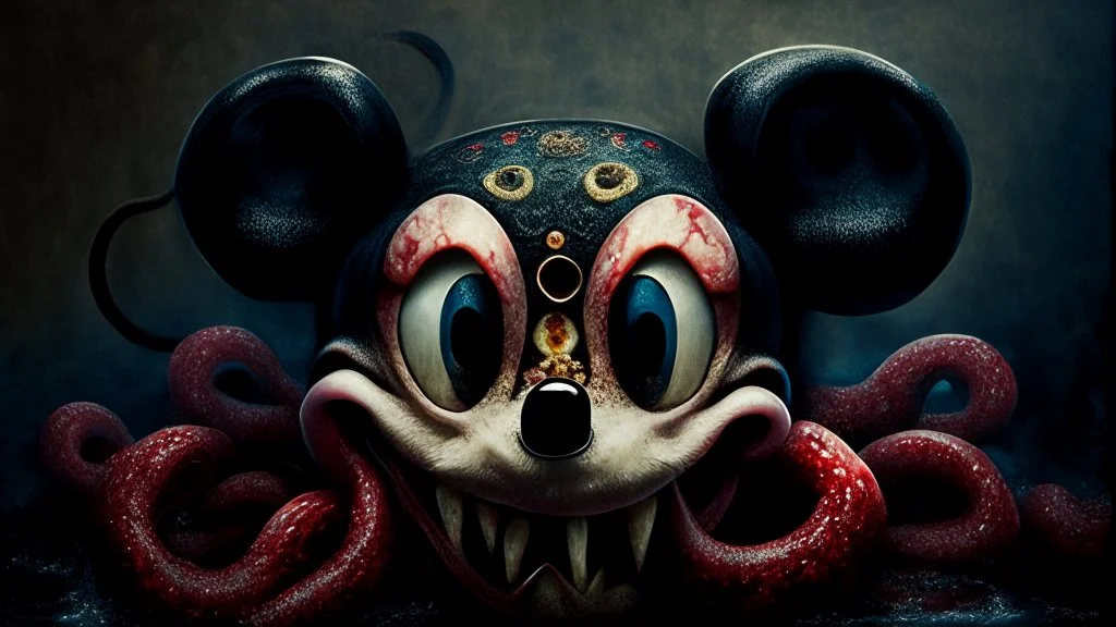 octopus mickey mouse hybrid, photorealism, horror, evil, hungry, high resolution,