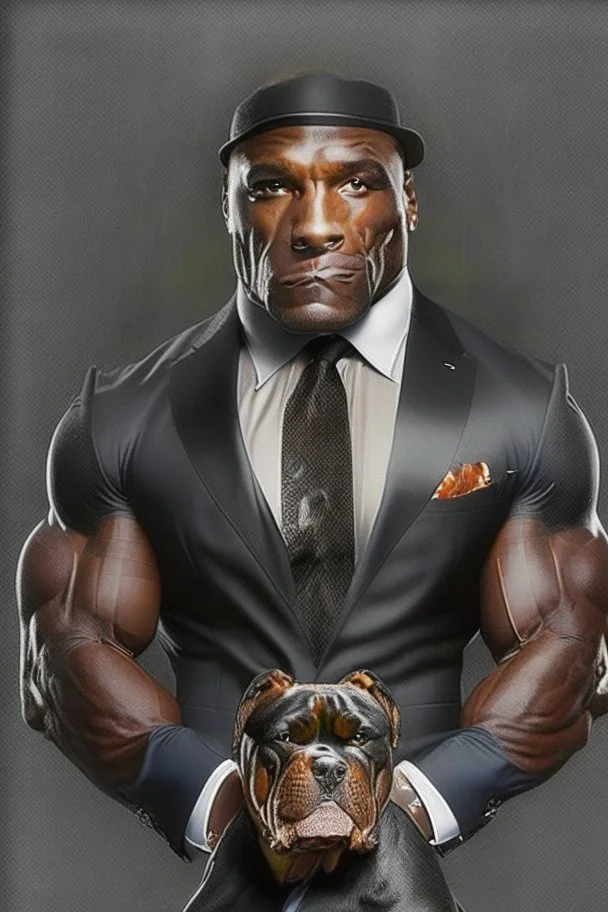 Bodybuilder Lee Haney with the face of a Rottweiler dog A dog's head instead of a person's head Only the player's body with a bulldog head on it He wears a luxurious black suit and holds a luxurious cigar The suit covers the body. In the mouth of the dog there is a luxurious Rottweiler dog head Remove the head