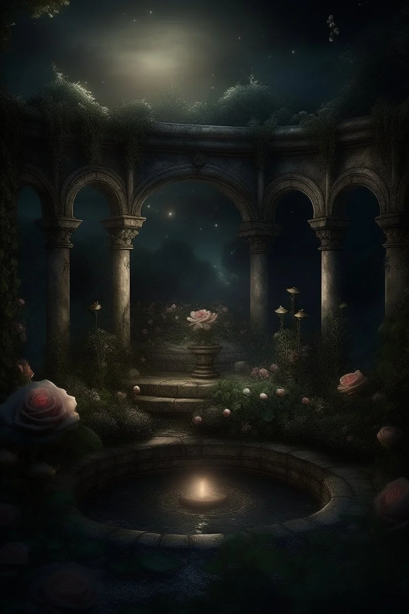 magical overgrown secret garden, roses, ivy, fountain, twilight, moon, stars dark tones, warm tones